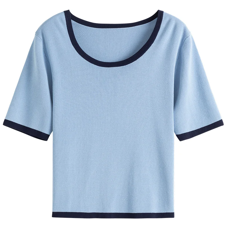 

DUSHU Women's Comfortable Cotton Knitted Round Neck Blue T-shirt Summer 2021 New Simple Short Sleeve Green Tops