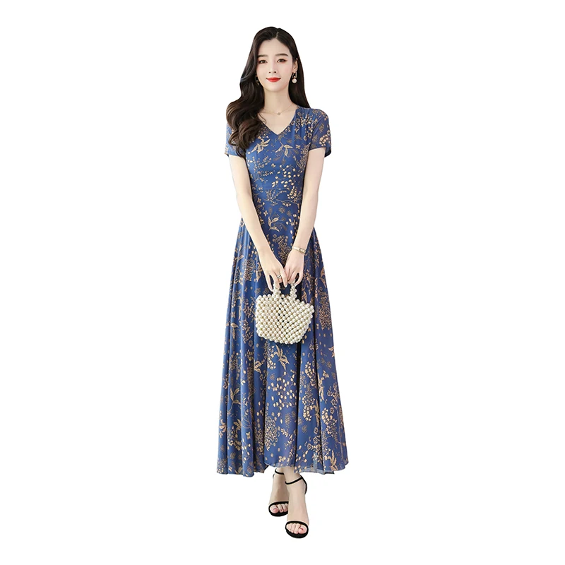 

2021 Summer Short-Sleeve Chiffon Dress Fashion Casual V-Neck Floral Print Beach Bohemian Long Dress Vestidos