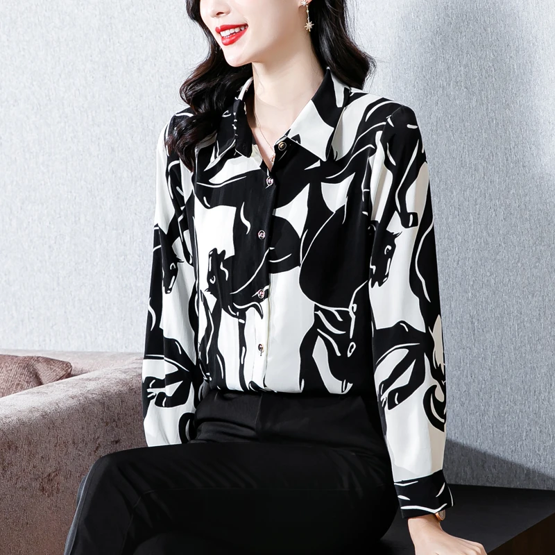 

Summer New Women's Blouse Long Sleeve Polo Shirt Printed Satin Top Casual Fashion Loose Clothing Houthion