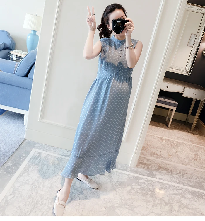 Новое платье без рукавов в горошек длинное летнее Одежда для беременных Платья