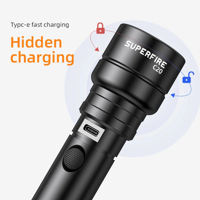 SUPERFIRE C20-G Zoom Мощный фонарик 5 режимов 18650/AAA батарея. Перезаряжаемый тактический