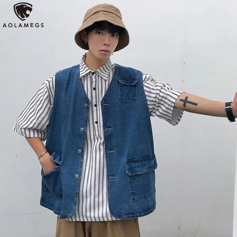 

Aolamegs Denim Men's Jacket Japanese Cargo Vest Homme Solid Vintage Gilet All-match Tank Tops Harajuku Vest For Women Sleeveless
