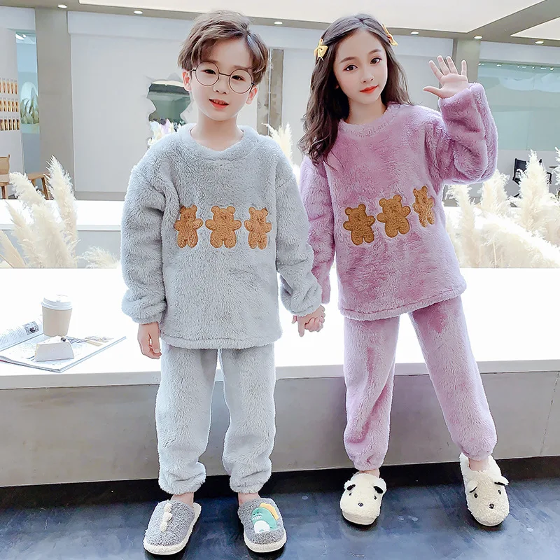 

Kids Flannel Pajamas Set for Boys Thicken Warm Long Sleeve Homewear Winter Children O-neck Cartoon Bear Nightwear Suits 2021 New