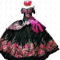 vintage off shoulder vestidos de 15 a%c3%b1os 2022 black quinceanera dress 3d floral flowers with sleeves sweet 16 puffy dresses