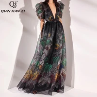 qian han zi 2021 summer designer fashion runway maxi dress womens v neck puff sleeves slim leaf print vintage long dress