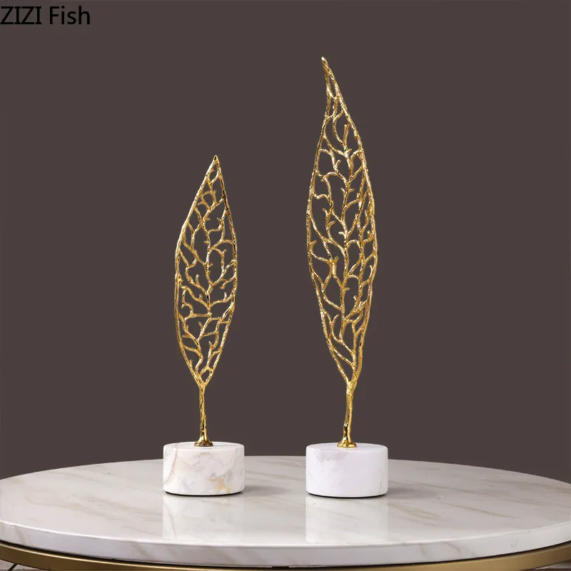 Золотое перо латунь листья Современное украшение натуральный Мрамор основание