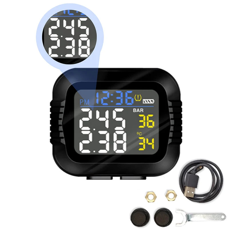 

USB Charging Motorcycle TPMS Tire Pressure Monitoring System F R 2 External Sensor Wireless LCD Display Moto Tyre Alarm Systems