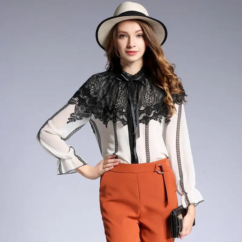 Шифоновые кружевные рубашки в полоску с бантом ретро-стиле облегающие Блузы