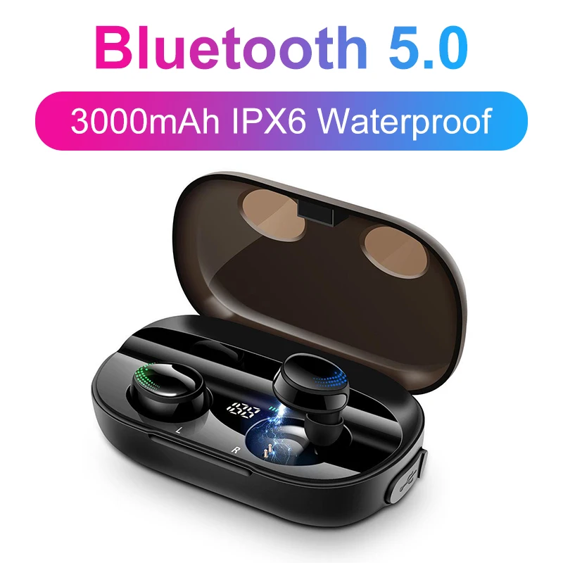 3000 мАч TWS беспроводные наушники Bluetooth IPX6 Черные Водонепроницаемые Наушники с