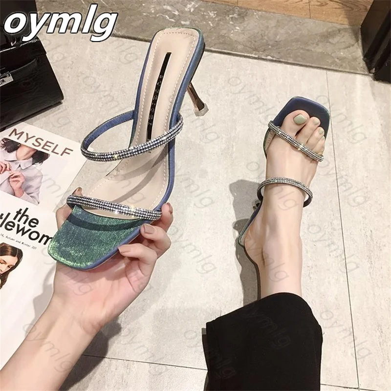 

Summer small fresh rhinestone square-toe sandals slippers 2021 new stiletto high-heeled open-toe flip-flops Female high heels