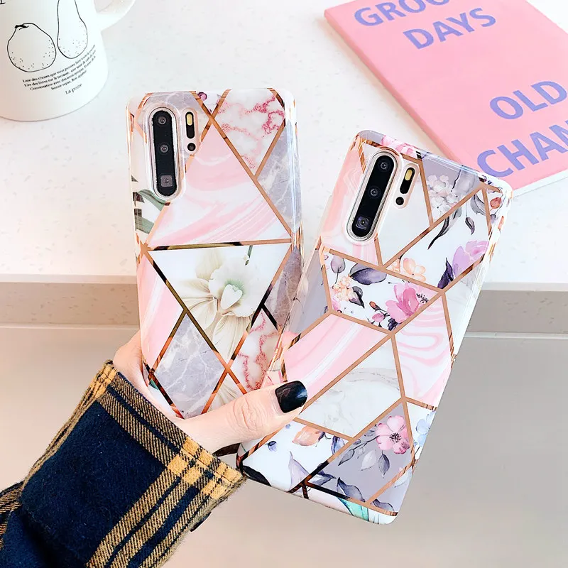 Роскошный чехол с геометрическим покрытием и мраморным цветком для Huawei P20 lite P30 Pro