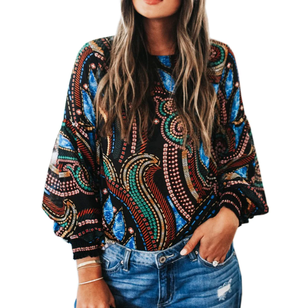 Женская блузка с рукавами фонариками Сексуальная Блузка в стиле бохо круглым