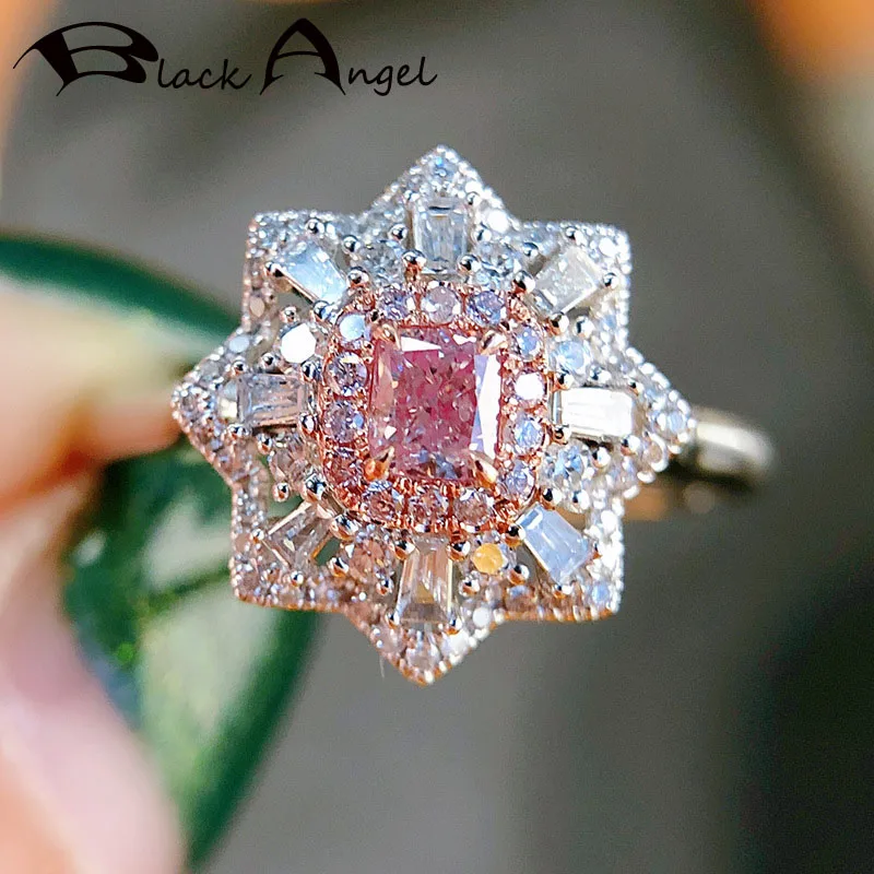 

BLACK ANGEL New Ladies 925 Silver Inlaid Pink Gemstone Rings Pave Luxury Princess Square CZ Ring For Women Bride Jewelry Gifts
