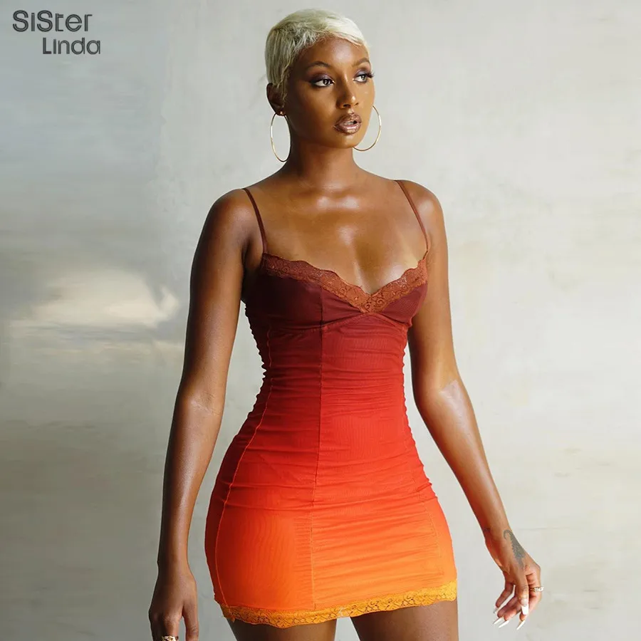 

Sisterlinda Women Gradient Color Sling Bodycon Dress Fashion Sexy V Neck Party Clubwear Lady Spaghetti Straps Vestido Autumn2020