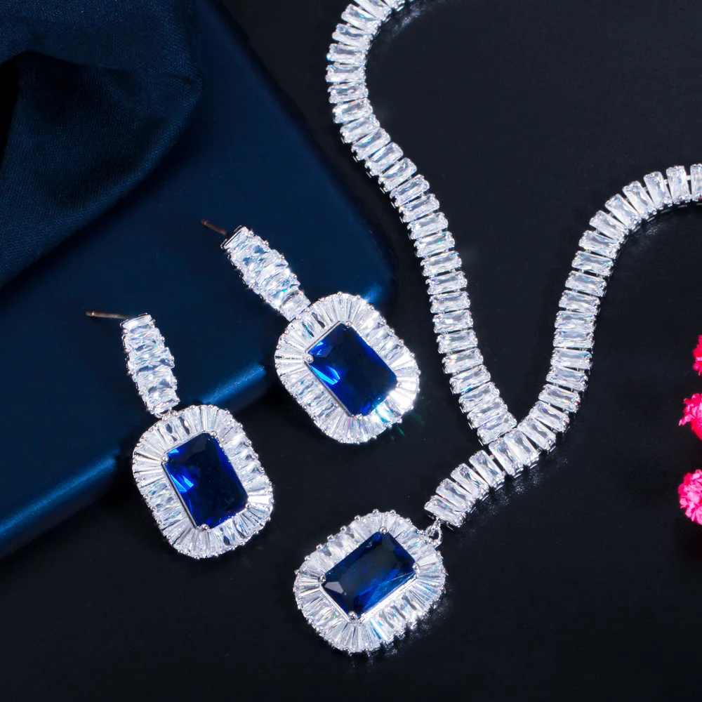 CWWZircons Bling Square Drop темно синий кубический циркон ожерелье и серьги женские вечерние