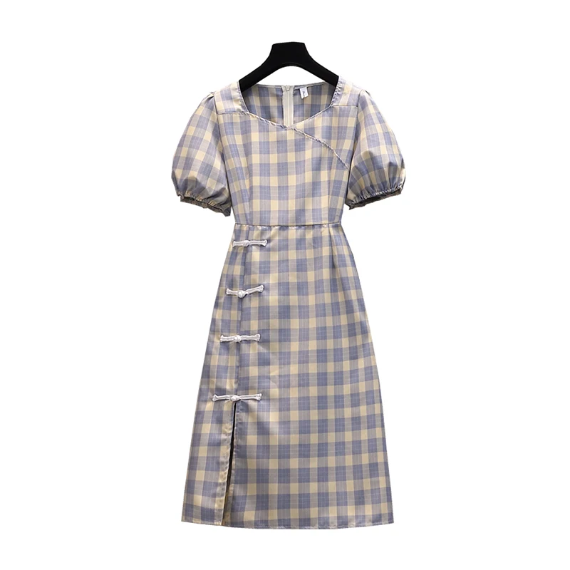 

EHQAXIN 2021 Summer Plus Size Women's Improved Cheongsam Classical Square Collar Plaid Buckle Dress Elegant Chinese Style L-4XL