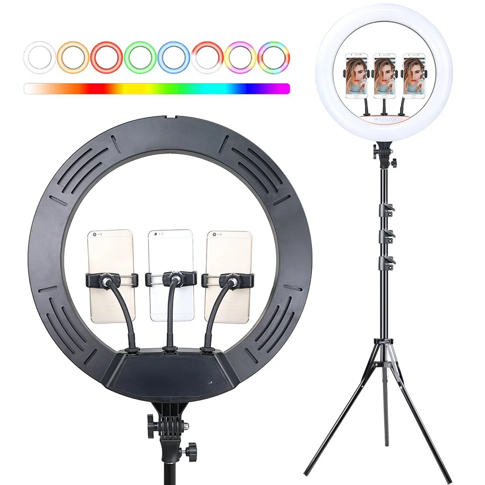 저렴한 18 인치 45 Cm RGB 링 라이트 전화 클립 홀더 스탠드 Selfie 다채로운 사진 조명 비디오 생활 링 램프