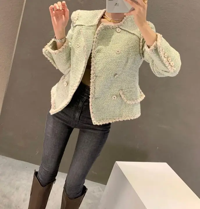 

Tweed Button Short Jacket Long Sleeve O Neck Retro Elegant Fall/Winter 2021 Jacket Warm Coat White Green Korean Women's Top