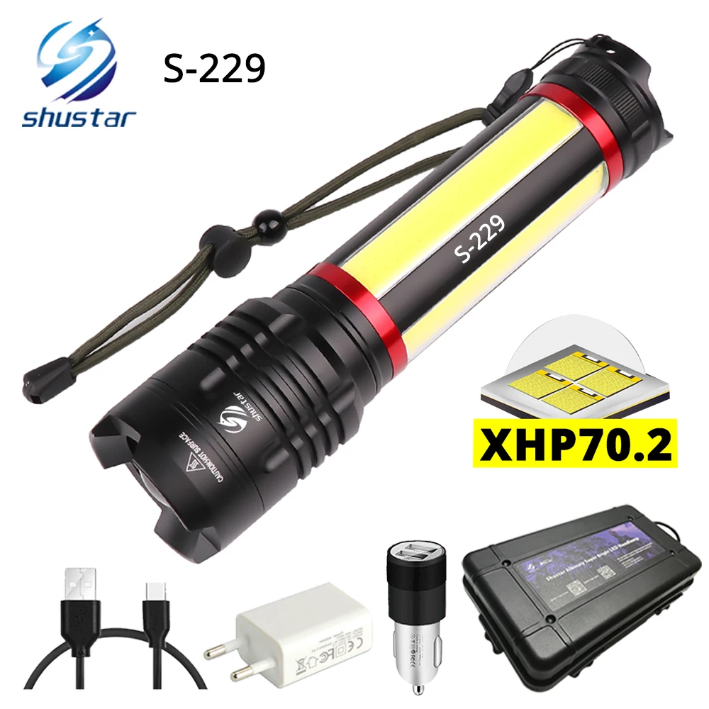 

Multifunction LED Flashlight Built-in 5000mAh lithium battery With XHP70.2 + COB LED Super bright waterproof Camping light
