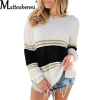 womens stripe knitted sweater sexy o neck stitching contrast color long sleeved top pullover autumn winter loose female jumper