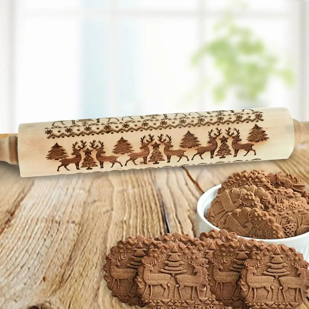 35*5cm Christmas Embossing Rolling Pin Baking Cookies Biscuit Fondant Cake Dough Engraved Wooden Roller Reindeer Elk Snowflake | Дом и сад