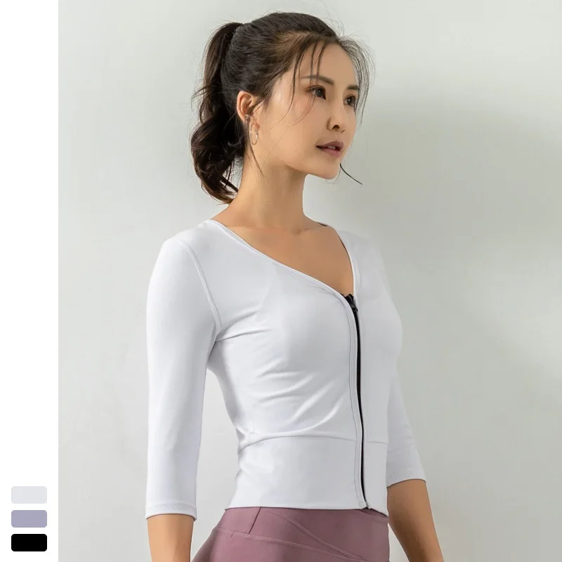 

2021 New Arrival Sports Yoga Shirt High Elastic Running Breathable Cycling Fitness Solid Color Top Stretchy Quick Dry Zipper Top