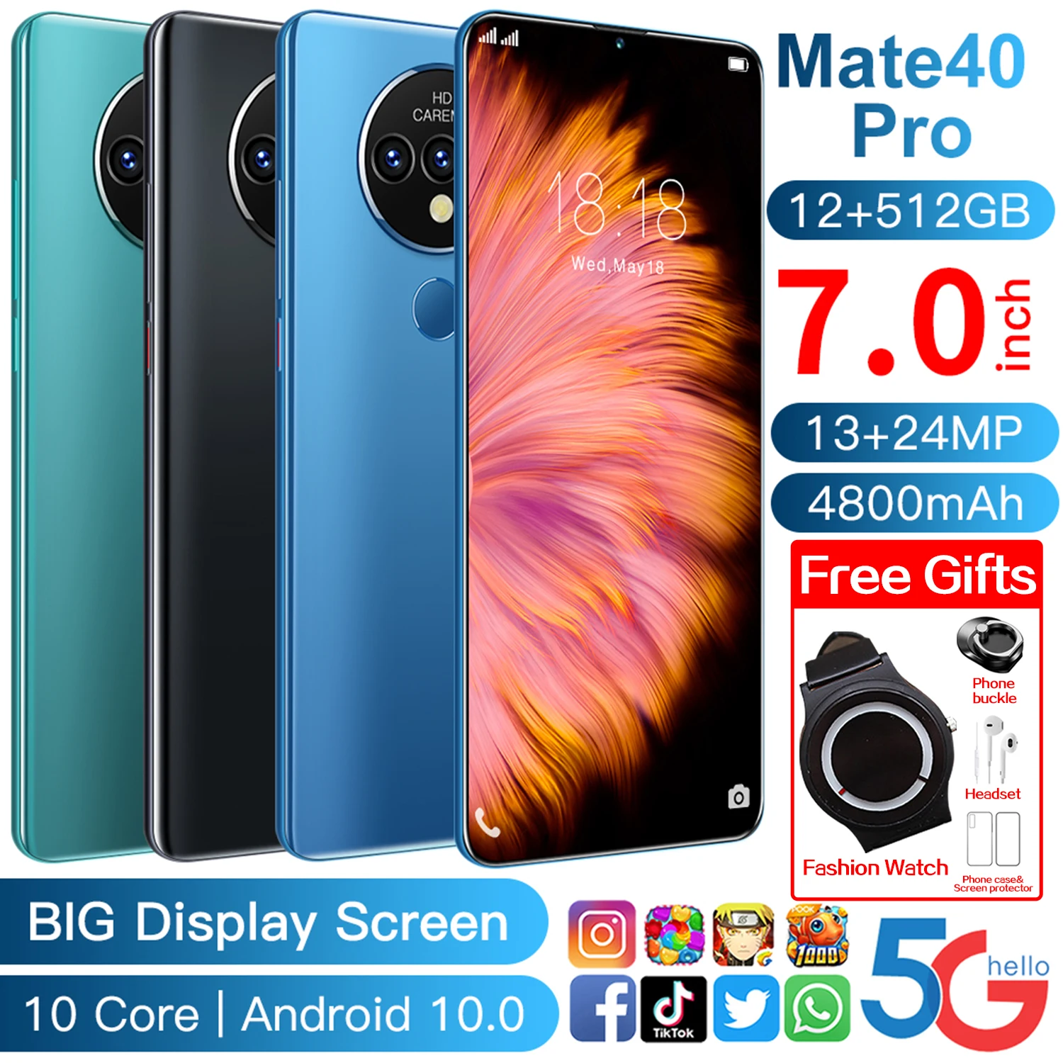 

Global Version Ultra Thin Mate40 Pro Smartphone 6000mAh Full Screen 7.0 Inch Deca Core 8GB 512GB 4G LTE 5G Network Cell phones