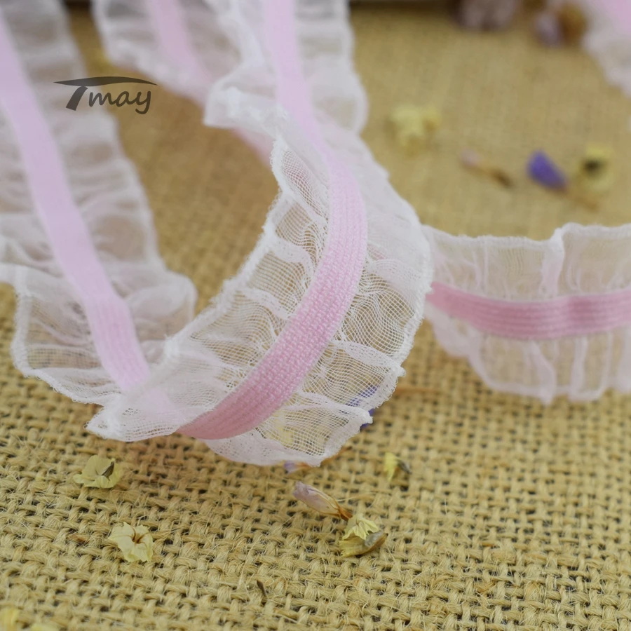 Кружевные эластичные ленты #295 из розовой органзы с оборками Ширина 25 мм (1 дюйм) 6