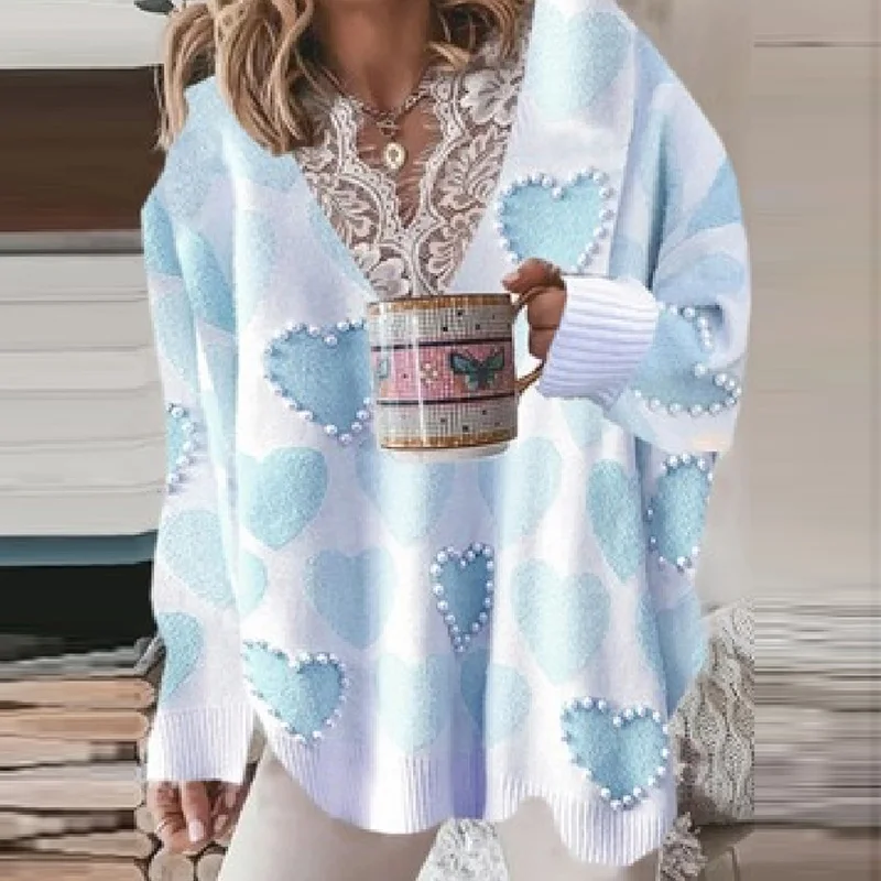 

Sexy V Neck Long Sleeve Lace Furry Tops Pullover Winter Autumn Loose Streetwear Jumper Women Fashion Heart Print Beading Sweater