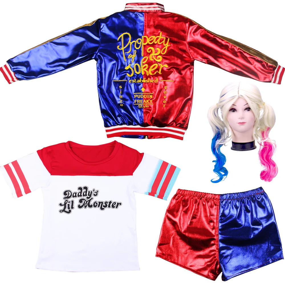 4pcs with wigs Высокое качество, карнавальный костюм для девочек, отряд самоубийц, Харли Куинн, наборы с вышивкой, Джокер, монстр, клоун, наряды - Цвет: 4pcs with wigs