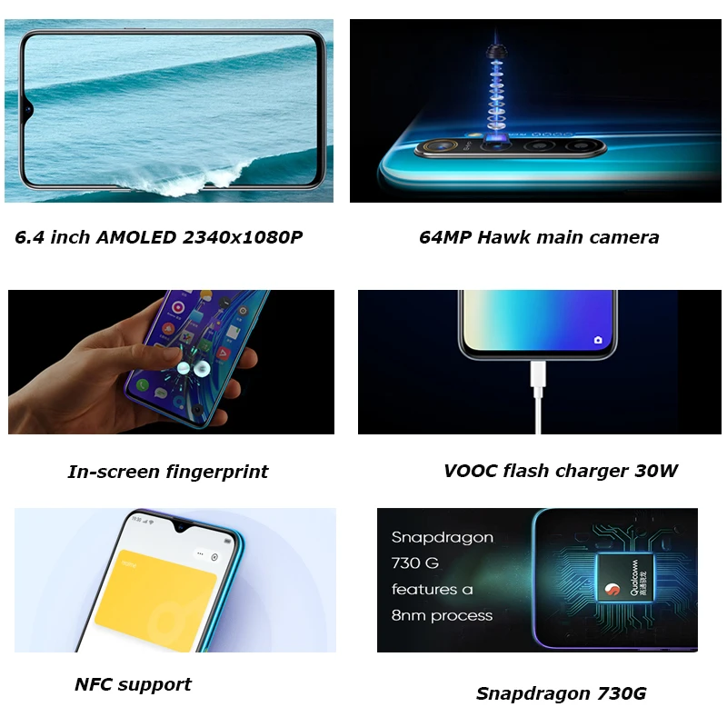 Realme X2 Smartphones 8GB 128GB 6.4'' 64MP Rear Camera Snapdragon 730G Octa Core 30W VOOC Fast Charger 4000mAh Mobile Phone |