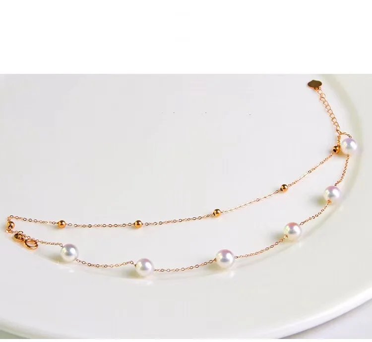18K Solid Yellow Real Gold Jewelry (AU750) Women Single Grain Pearl Bracelet Chain Natural Sea Pearl Beads  Fashion Lady