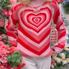 Y2K вязаный свитер, эстетичные пуловеры в полоску с сердечками, свитер для девочек, милая Водолазка с длинным рукавом, осенняя уличная одежда