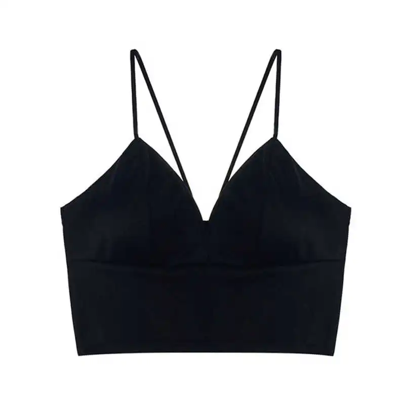 

Sexy Satin Crop Tops Women Wireless Bralette Crochet Top Female Spaghetti Strap T-shirt Cropped With Chest Padded Camisole