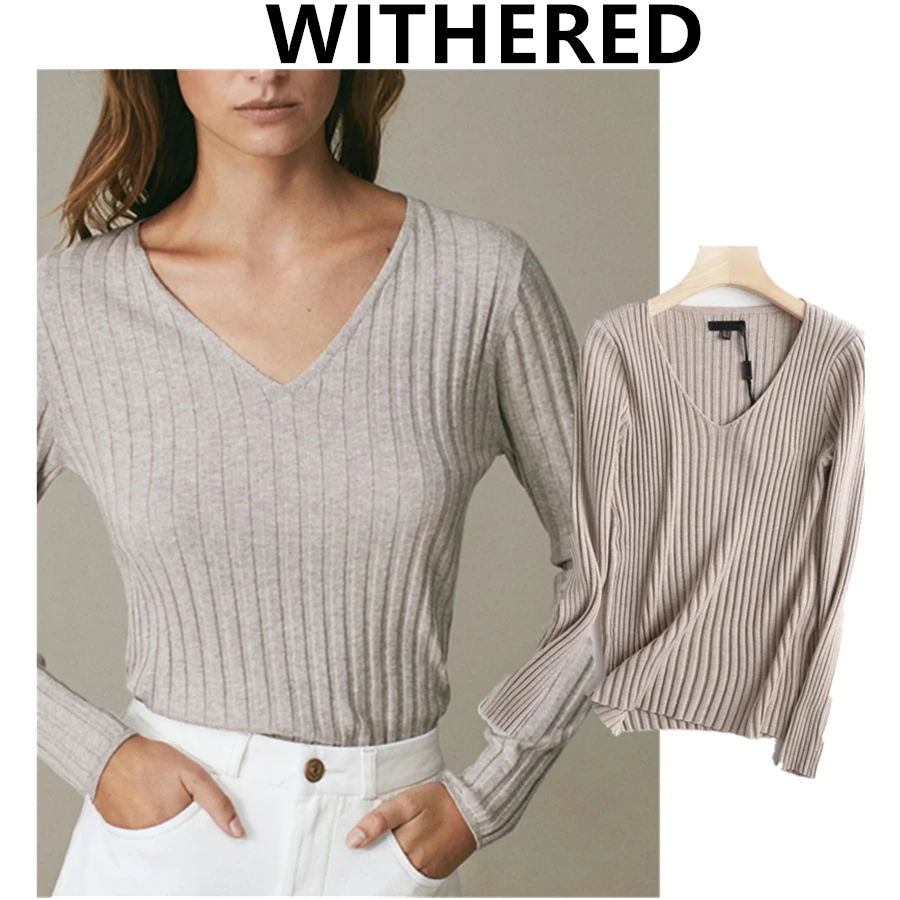 

Elmsk 2021 Winter Sweaters Women England Style Fashion elegant Solid V-neck Wool Rib Pull Femme Sweaters Women Pullovers Tops