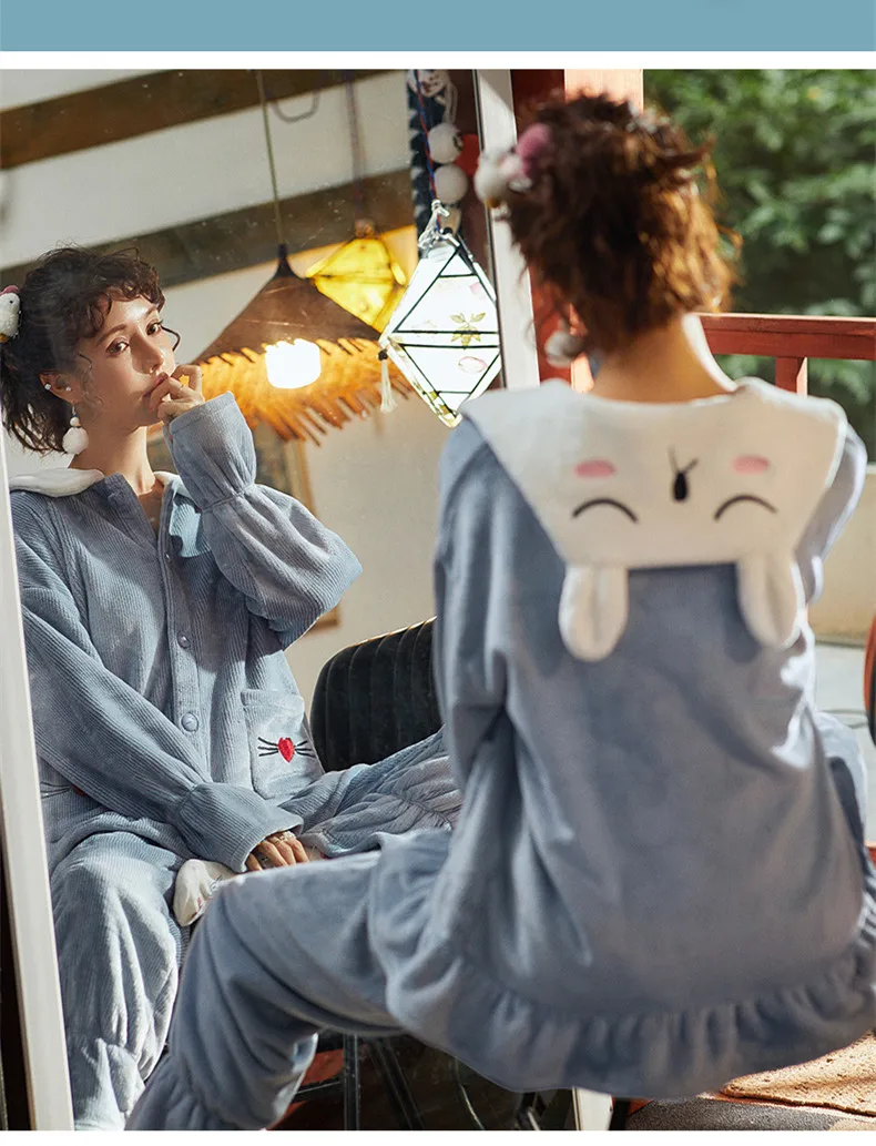 Fdfklak Коралловая флисовая Пижама осень зима плюс бархат Дамы фланель домашний