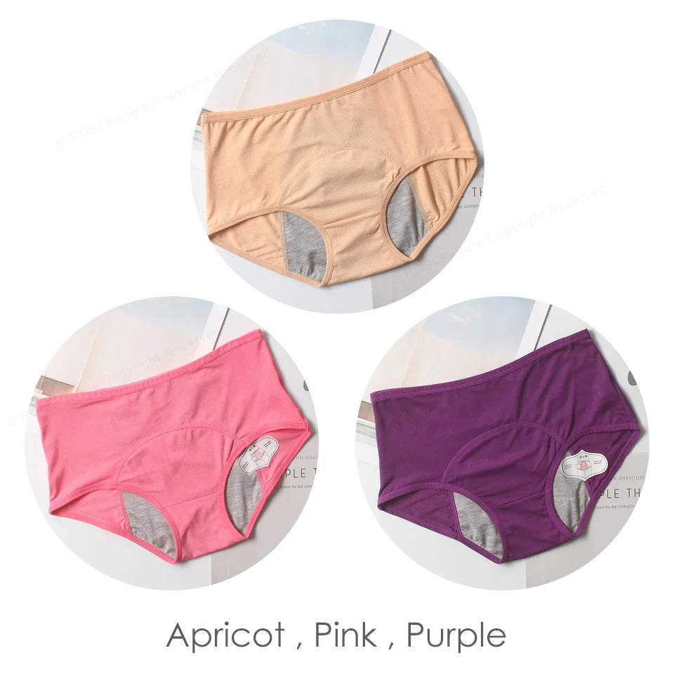Pink Purple Apricot Менструальные трусы, трусики для женщин, хлопковое дышащее Сетчатое водопоглощающее герметичное нижнее белье, женское нижнее белье с высокой талией, XXXL - Цвет: Pink Purple Apricot