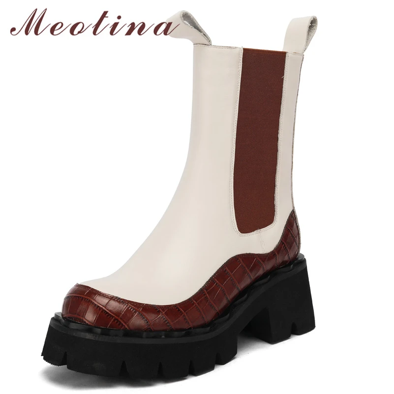 

Женские ботинки челси на платформе Meotina, сапоги из натуральной кожи на толстом высоком каблуке, с круглым носком, бежевые сапоги до середины ...
