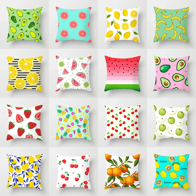 

Sofa Couch Pillows Hipster Tropical leaves Summer Fruits Print Cushion Case Bright Candy Colors Pink Blue Throw Pillows Case