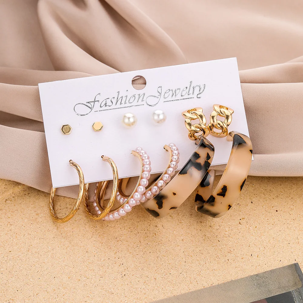 

New Pearl Earrings Temperament Sexy Leopard Print Earrings Female Retro Simple Earrings Creative New Earring Set Six-Piece Set