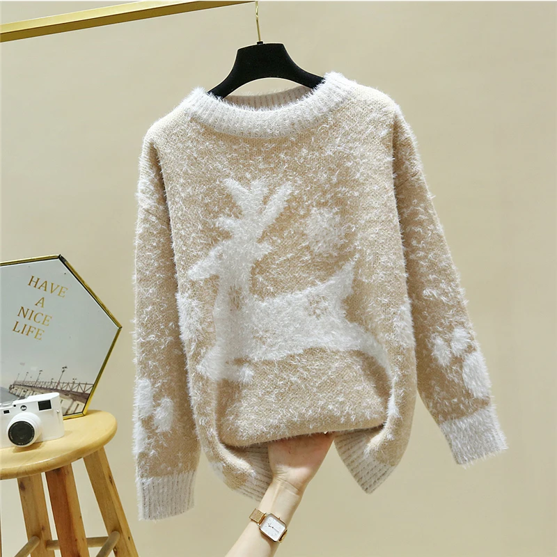 

Women Sweaters Merry Christmas Sweaters Red Women Jumper Pullover Knitted Plush Collar Mohair Pink Elk Pattern Velvet Fashion