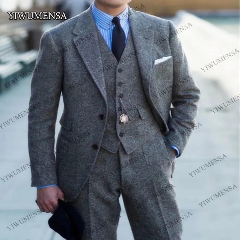 

Winter Wool Casual Men's Suits 3 Piece Custom Gray Tweed Wedding Groom Blazer Tuxedo Notched Lapel Male Fashion Clothes Set 2020