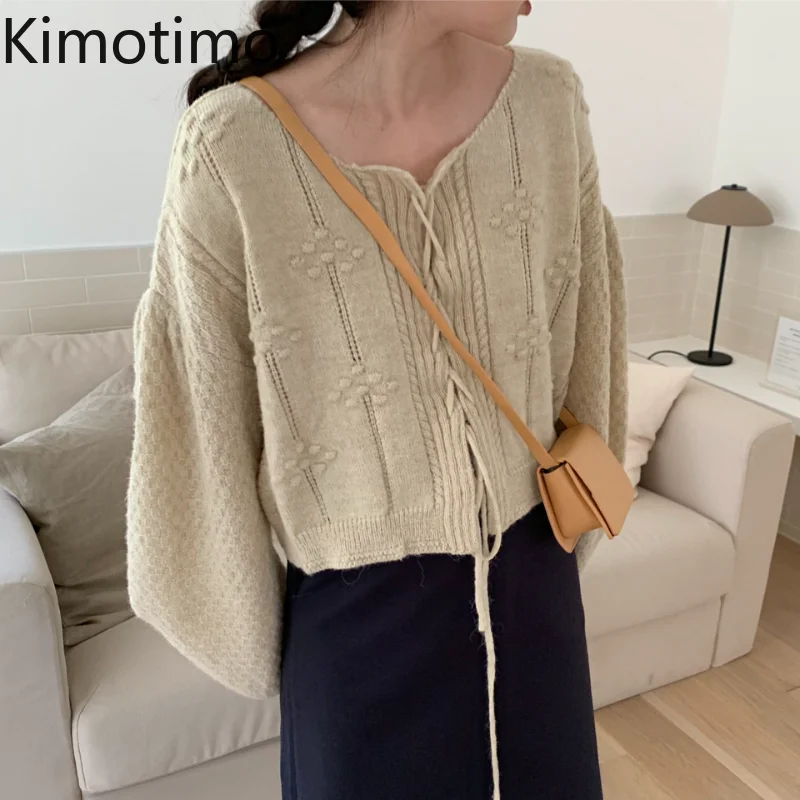 

Kimotimo Lace-up Cardigan Women Korean Chic Puff Sleeve Age Reduction Sweater Autumn Fashion Jacquard Solid Short Knit Cardigans