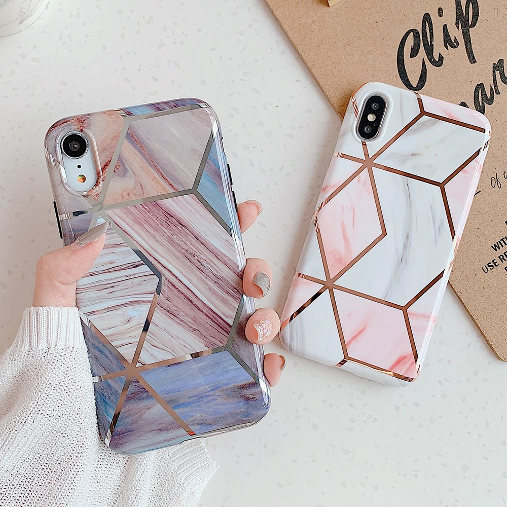 Чехлы для телефонов с геометрическим мрамором для iPhone 6, 6s, 7, 8 Plus, X, XR, XS, 11 Pro, мягкая Гальваническая задняя крышка, чехол