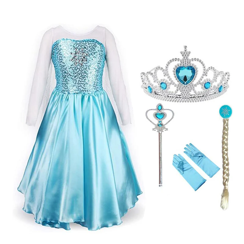 Hot Costume Christmas Girl Dress Girl's Party Princess Cosplay Baby Dresses Children Kids For Girls Long Vestidos with Crown Set | Детская