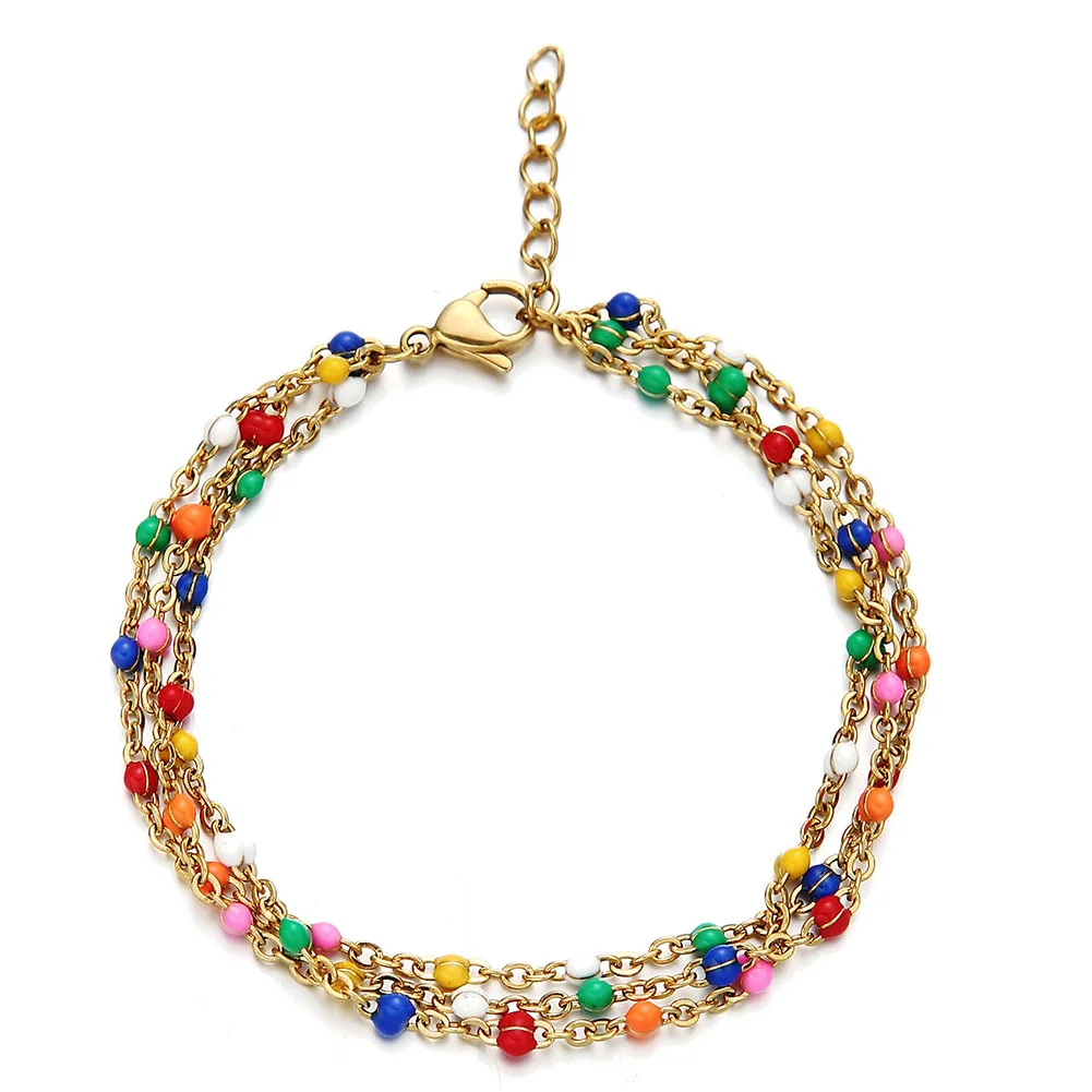 

2021 New Trend Multilayer Color Enamel Chain Bracelet Anklet For Women Bohemian Stainless Steel Layered Round Beads Hand Jewelry