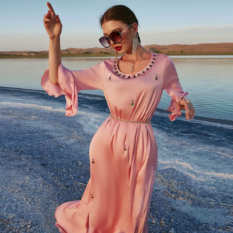 New Noble Luxury Muslim Women's Dress Diamond-studded Senior Pink Seaside Resort Long Skirt France Italy Abaya Evening Dress