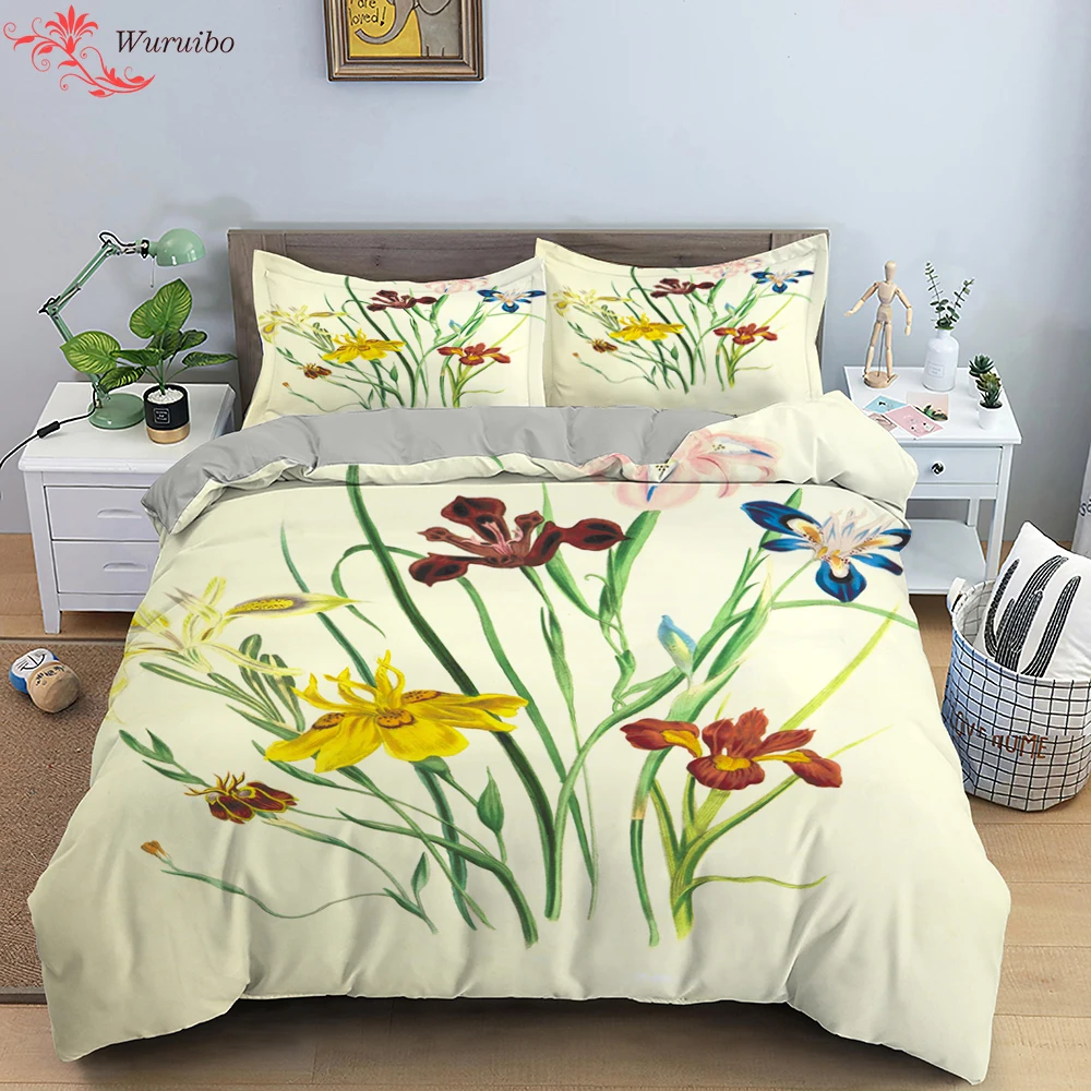 

Комплект постельного белья с простым цветочным дизайном, роскошный пододеяльник королевского размера, стеганое одеяло с цветами и растени...