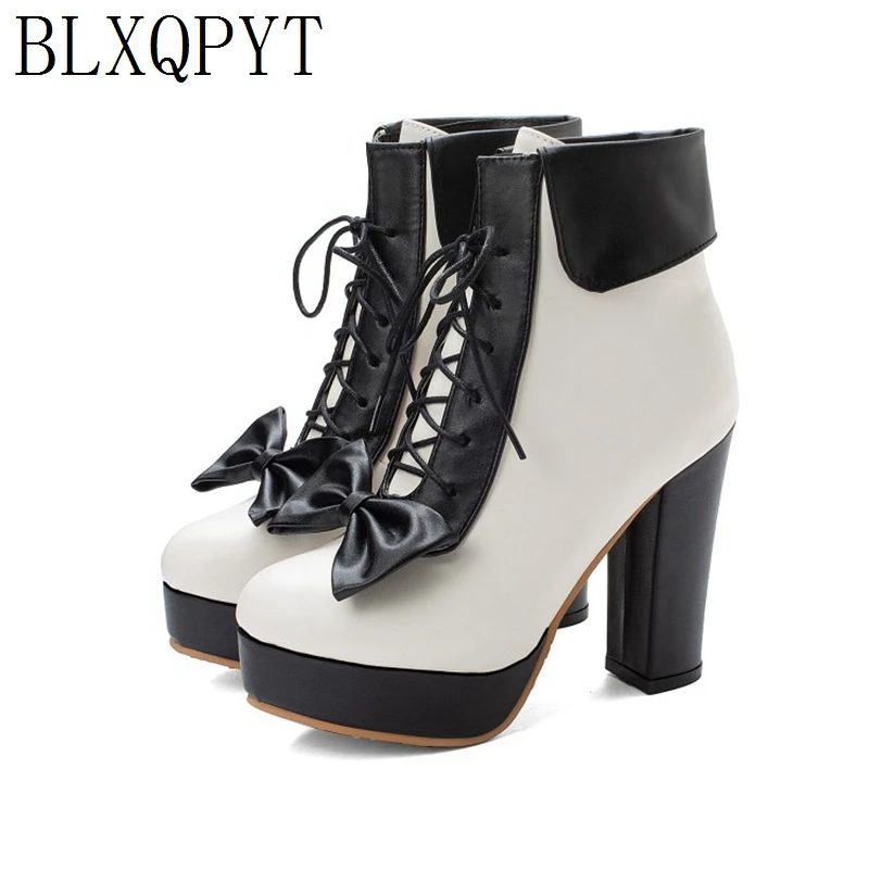 

BLXQPYT New women Boots 2019 Winter Autumn Big Size 34-48 Anke Boots Lace up High Heels Long Platform Knight shoes woman 8758