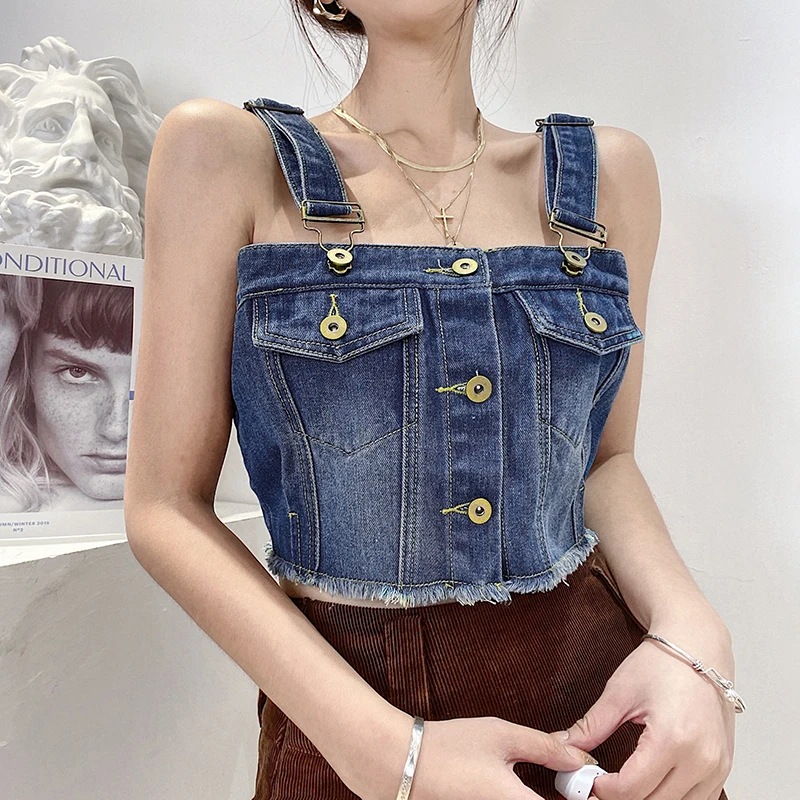 

Rockmore Denim Pockets Buttons Crop Top Female Summer Y2K Vintage Camis Gothic Sleeveless Tanks Casual Harajuku Punk Mini Vest